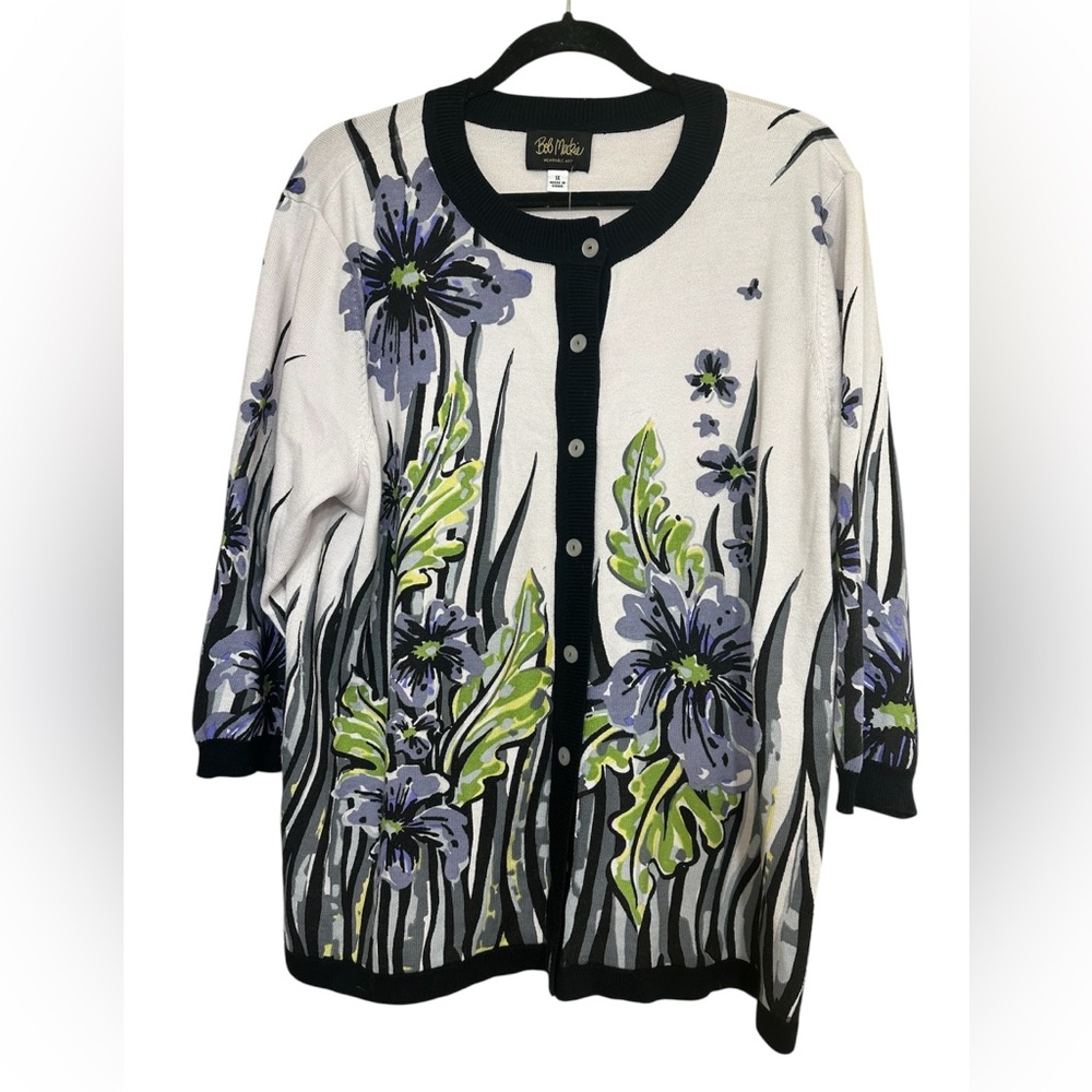 NWT Bob Mackie Wearable Art Cardigan Sweater White w Purple Flowers 1X